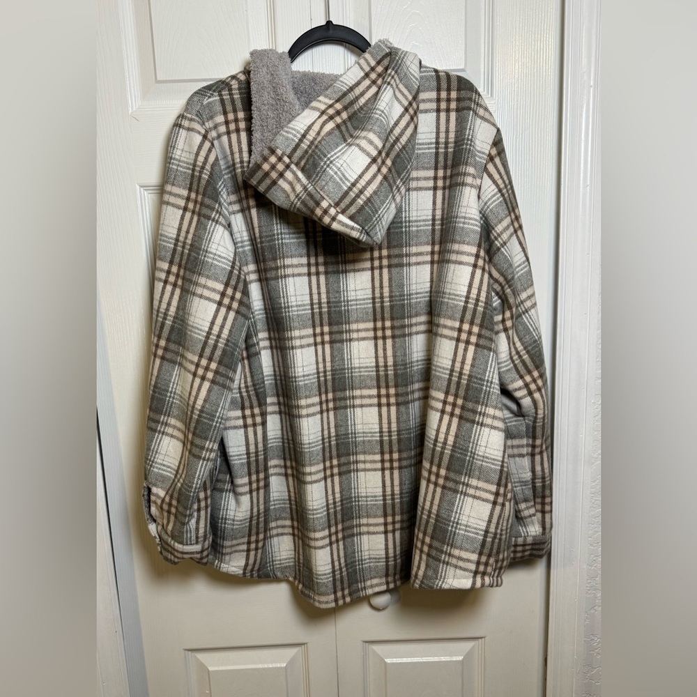 Plaid Sherpa Lined Hooded Shacket XXL Gray Brown Fleece Jacket - Picture 6 of 9